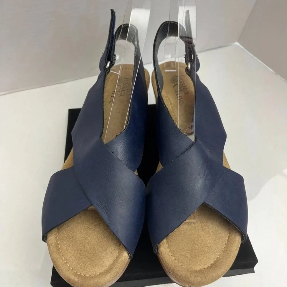 Jessica Cline Dreamer Wedge Slingback Sandals Navy Cork Print 10M